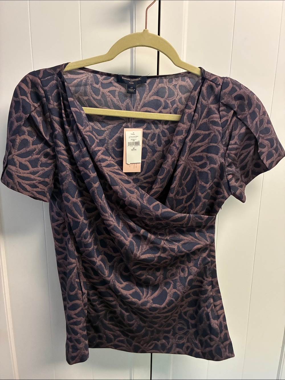 Banana Republic Dusty Purple & Navy Leaf-Pattern Draped Neck Top